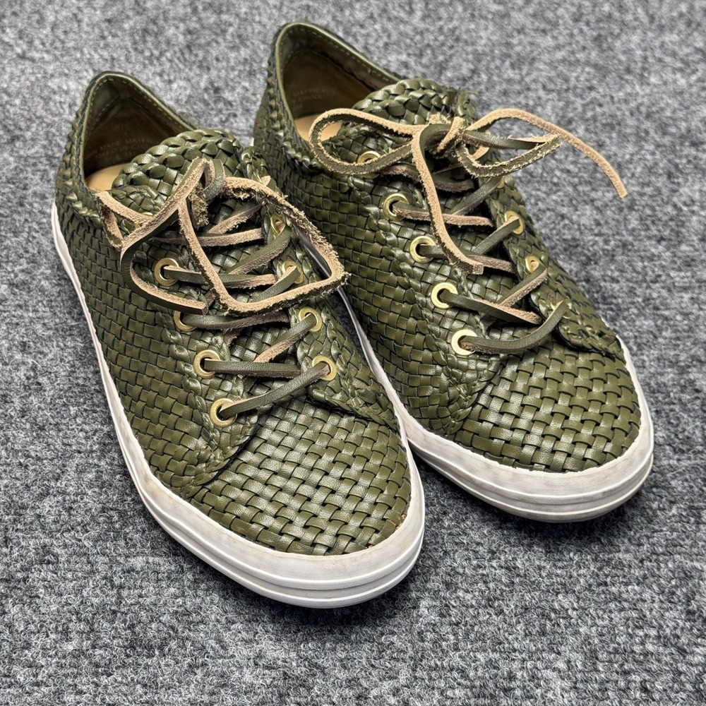 Talbots Woven Faux Leather Sneaker Wmn 6.5 Olive Green LaceUp Casual Boho Preppy